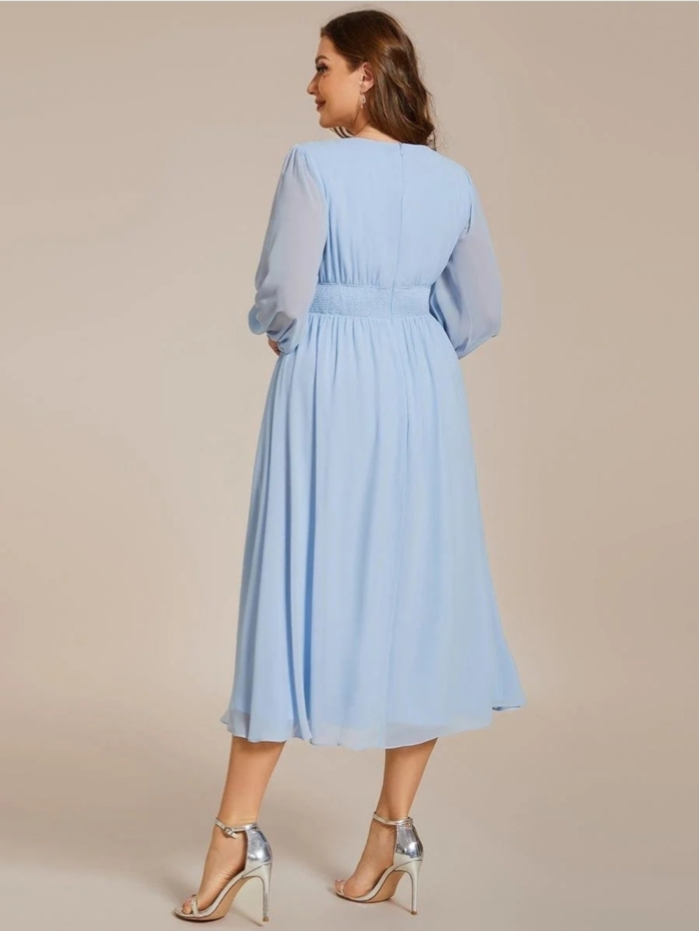 Ever Pretty Light Blue V-Neck Midi Dress with Sheer Long Sleeves - Picture 3 of 6